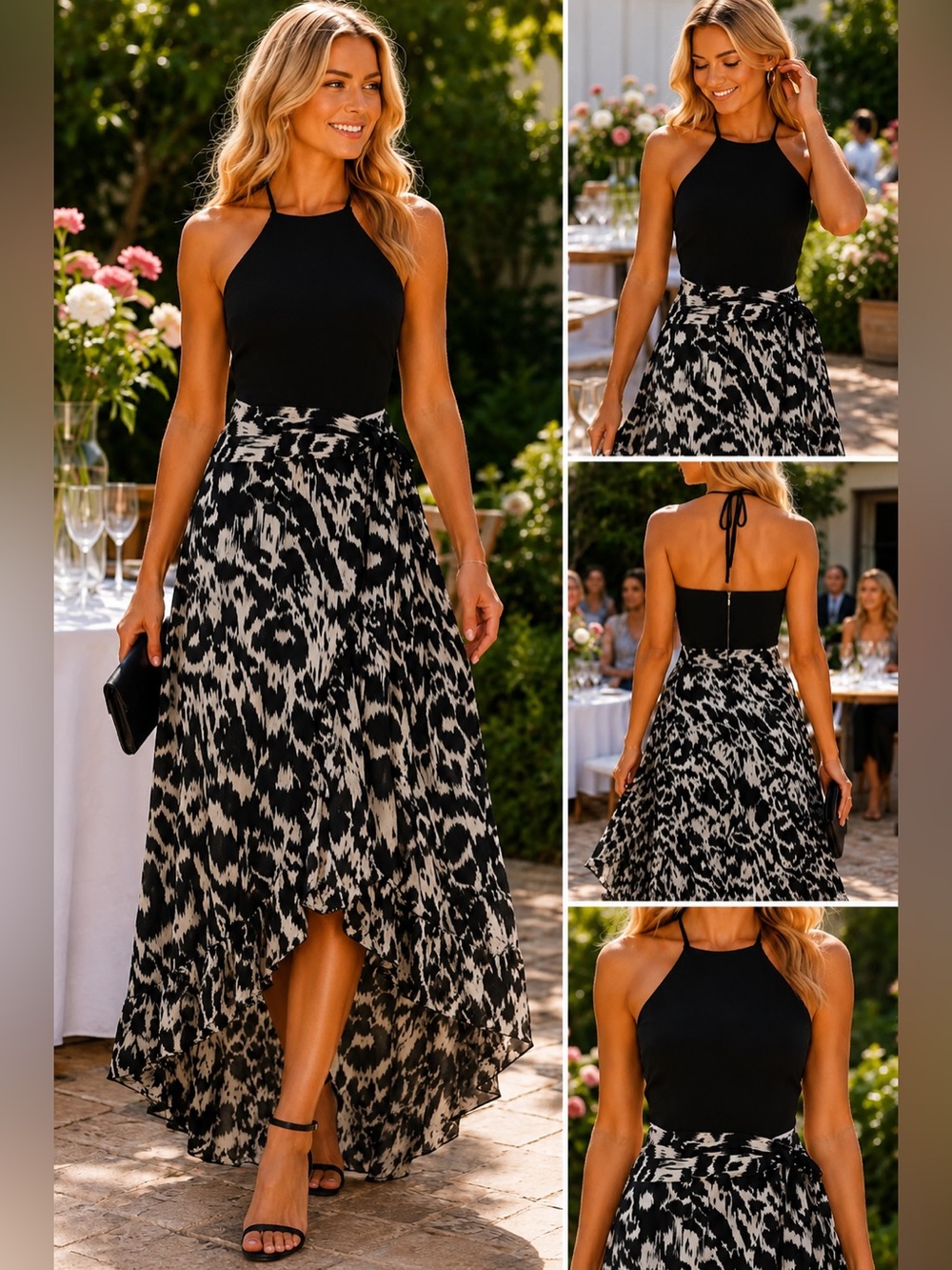 Black White Animal Print High Low Halter Cut Out Maxi Dress Boho Resort Small
